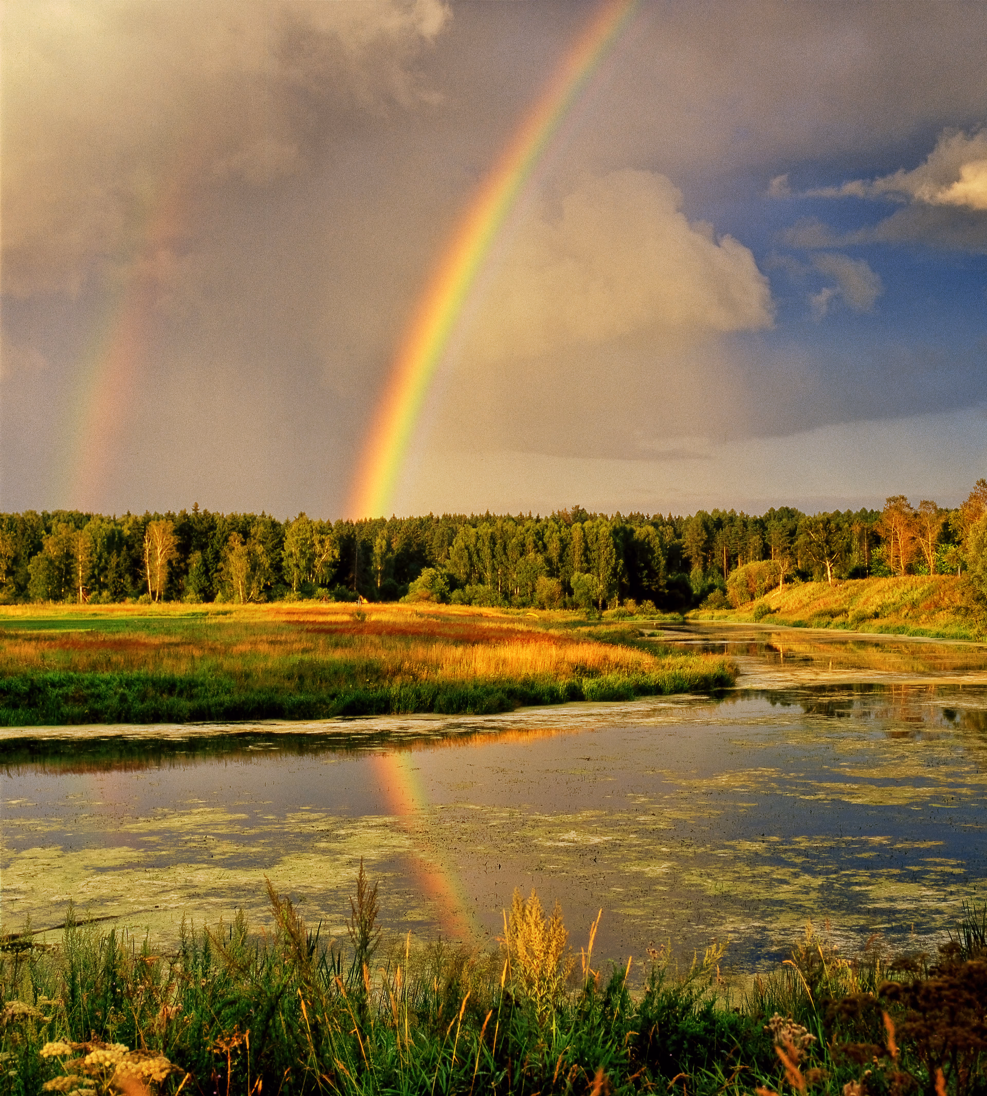 A double rainbow over a bend of the Klyazma River and a meadow in evening light after a storm